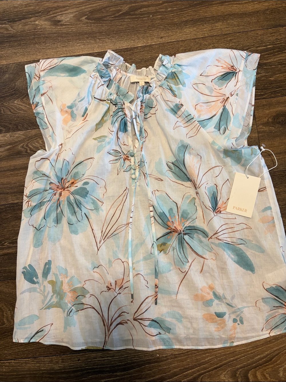Parker Blue & Peach Floral Tie-Neck Blouse